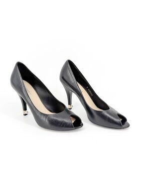 Chanel Black Leather Peep Toe Pumps Pearl CC Heel Size 38 US 7–7.5 Women's Heels
